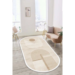 Makinede Yıkanabilir Kaymaz Taban Leke Tutmaz Bej Oval Salon Halısı Mutfak Halısı ve Yolluk