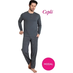 Erkek 3 Düğmeli Ekose Desen Pamuk Likra Mevsimlik Modal Uzun Kol Manşetli Cepli Pijama Takımı