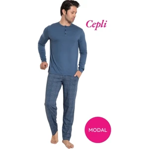 Erkek 3 Düğmeli Ekose Desen Pamuk Likra Mevsimlik Modal Uzun Kol Manşetli Cepli Pijama Takımı