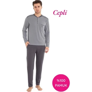 Erkek 3 Düğmeli %100 Pamuk Göğüs Cepli Mevsimlik Uzun Kol Cepli Pijama Takımı