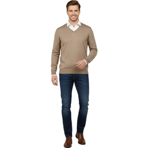 Erkek Uzun Kollu V Yakalı Düz Renk Klasik Model Rahat Kesim Ince Yünlü Dokuma Kazak