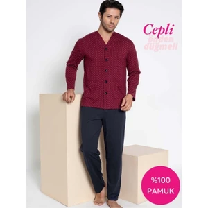 Erkek V Yaka Öden Düğmeli Göğüs Cepli %100 Pamuk Uzun Kol Cepli Pijama Takımı-Dede Hastane Pijaması