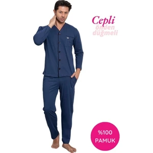 Erkek V Yaka Öden Düğmeli Göğüs Cepli %100 Pamuk Uzun Kol Cepli Pijama Takımı-Dede Hastane Pijaması