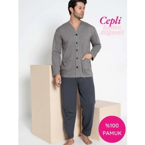 Erkek V Yaka Öden Düğmeli Göğüs Cepli %100 Pamuk Uzun Kol Cepli Pijama Takımı-Dede Hastane Pijaması