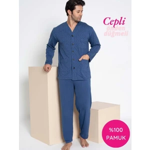 Erkek V Yaka Öden Düğmeli Göğüs Cepli %100 Pamuk Uzun Kol Cepli Pijama Takımı-Dede Hastane Pijaması
