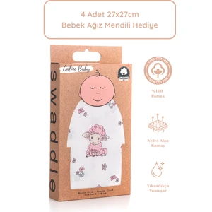 Caline Baby %100 Pamuk Premium & Hafif Müslin Bezi Örtüsü I 120x120 cm I Pembe I Kuzu Desenli &  4 Adet Ağız Mendili 27x27cm