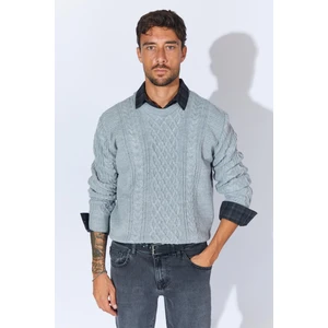 Erkek Gri Melanj Bisiklet Yaka Saç Örgü Triko