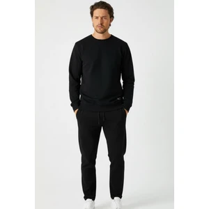 Siyah Relaxed Fit Bisiklet Yaka Sweatshirt Düz Paça Erkek Eşofman Takımı