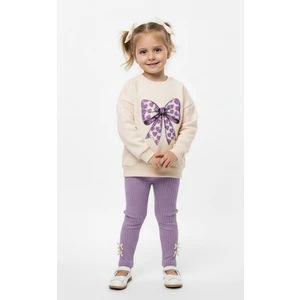 ​kız Çocuk Fiyonk Baskılı Pamuklu Sweatshirt ve Raporlu Taytlı Takımı