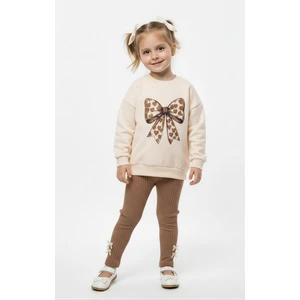​kız Çocuk Fiyonk Baskılı Pamuklu Sweatshirt ve Raporlu Taytlı Takımı