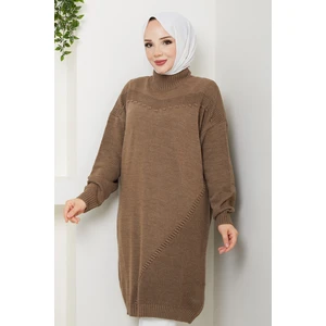 Kadın Yarım Balıkçı Yaka Örgü Detaylı Triko Tunik -PMK442