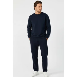 Lacivert Relaxed Fit Bisiklet Yaka Sweatshirt Düz Paça Erkek Eşofman Takımı