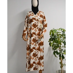 Yaprak Desenli Kruvaze Namaz Elbisesi – %100 Viskon, Yandan Bağlamalı 36-46 Beden