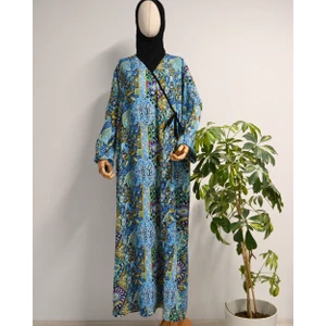 Etnik Desenli Kruvaze Namaz Elbisesi – %100 Viskon, Yandan Bağlamalı 36-46 Beden