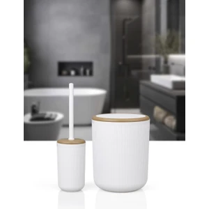 Okyanus Home Linea Due Kırık Beyaz Çizgili Yuvarlak 2'li Wc Kova ve Fırça Seti