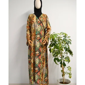 Etnik Desenli Kruvaze Namaz Elbisesi – %100 Viskon, Yandan Bağlamalı 36-46 Beden