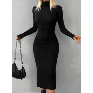 Balıkçı Yaka Midi Boy Fitilli Triko Kalem Elbise