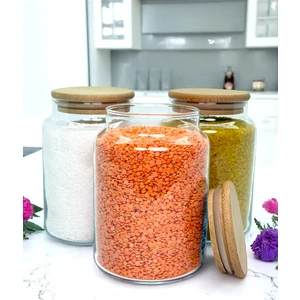 3'lü Ahşap Vakum Kapaklı 800 ml Cam Bakliyat Saklama Kavanozu Seti 