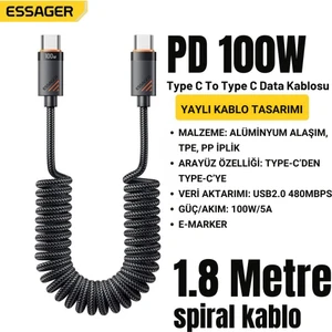 Pd 100W Type-C To Type-C 1.8m Yaylı Spiral Data ve Hızlı Şarj Kablosu, Kopmaz, Karışmaz Kablo