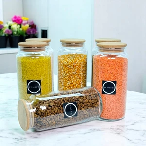 6'lı Ahşap Vakum Kapaklı 1400 Cam Bakliyat Erzak Saklama Seti Etiket Hediyeli