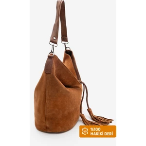 Kadın Hakiki Deri Püsküllü El ve Omuz Çantası Olven Taba Süet