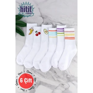 Kadın 6 Çift Premium Kalite Renkli Çizgili ve Meyve Desenli Nefes Alabilen Tenis Çorabı