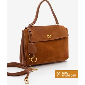 Kadın Hakiki Deri Kilit Detaylı Charmlı El ve Omuz Çantası Rinyas Taba Süet