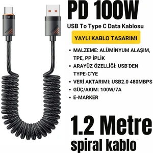 Pd 100W 7A USB To Type-C 1.2m Yaylı Spiral Data ve Hızlı Şarj Kablosu, Kopmaz, Karışmaz Kablo