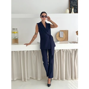 Lacivert Kuşak Bağlamalı Yelek Kemerli Havuç Pantolon Dokuma Kumaş Ikili Takım