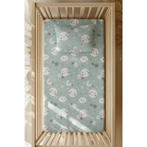 %100 Pamuk Ranforce Lastikli Çarşaf Seti - Nil Yeşili Gökyüzü Desenli Park Yatak 70X120 35X45