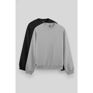 Standart Fit Basic O Yaka 2li Paket Siyah-Gri Melanj Erkek Sweatshirt - 88053