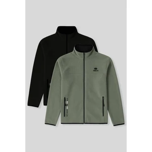 Standart Kalıp Dik Yaka 2li Paket Siyah-Çağla Erkek Polar Sweatshirt - 87992