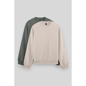 Standart Fit Basic O Yaka 2li Paket Bej-Çağla Erkek Sweatshirt - 88053