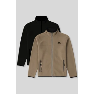 Standart Kalıp Dik Yaka 2li Paket Siyah-Camel Erkek Polar Sweatshirt - 87992