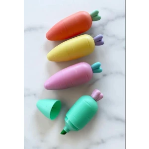 Sevimli Havuç Şeklinde Yeşil Pembe Turuncu ve Sarı Renkli Dört Adet Fosforlu Keçeli Kalem Seti