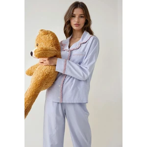 Kadın Gömlek Yaka Pamuklu Kareli Pijama Takımı Buz Mavisi