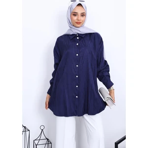 Lacivert Jakarlı Düğmeli Gömlek