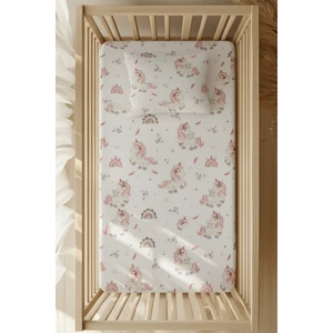 %100 Pamuk Ranforce Lastikli Çarşaf Seti - Pembe Unicorn Desenli Park Yatak 70X120 35X45