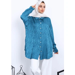 Petrol Yeşili Jakarlı Düğmeli Gömlek