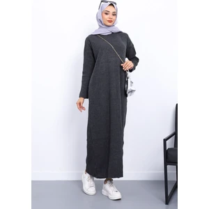 Antrasit Dik Yaka Fitilli Triko Elbise