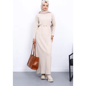 Taş Dik Yaka Fitilli Triko Elbise