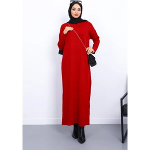 Kırmızı Dik Yaka Fitilli Triko Elbise