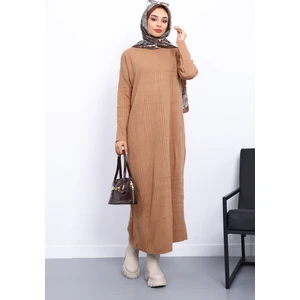 Bisküvi Dik Yaka Fitilli Triko Elbise