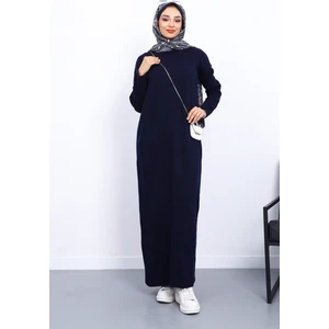 Lacivert Dik Yaka Fitilli Triko Elbise