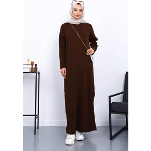 Kahverengi Dik Yaka Fitilli Triko Elbise