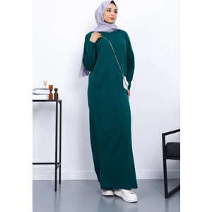 Zümrüt Yeşili Dik Yaka Fitilli Triko Elbise