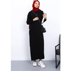 Siyah Dik Yaka Fitilli Triko Elbise