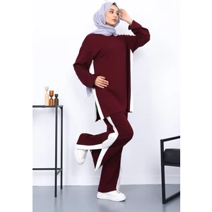 Mürdüm Renk Bloklu Modal Tunik Pantolonlu Takım