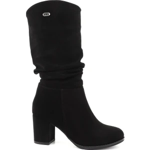 Kadın Siyah Deri Yuvarlak Burun Körüklü Kalın Topuklu Çizme
