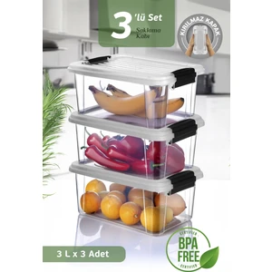 3'lü Set 3l Kilit Kapaklı Erzak Saklama Kabı Difriz Buzdolabı Düzenleyici Un Bakliyat Saklama Kutusu